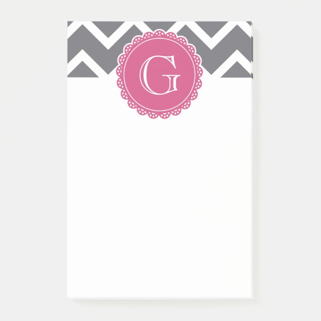 Grey Chevron Pink Monogram Post-it Notes (Front)