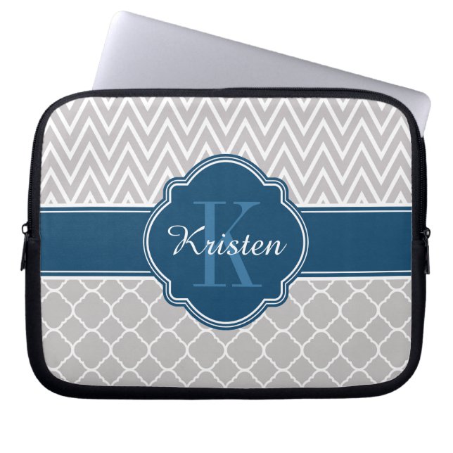 Grey Chevron Quatrefoil Pattern Blue Monogram Laptop Sleeve (Front)