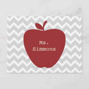 Grey Chevron & Red Apple Teacher Postcard