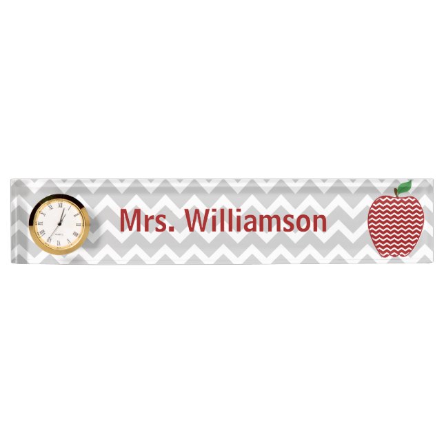 Grey Chevron Red Chevron Apple Teacher Nameplate (Front)