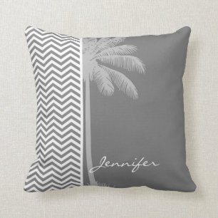 Grey Chevron Stripes; Tropical Palm Tree Cushion