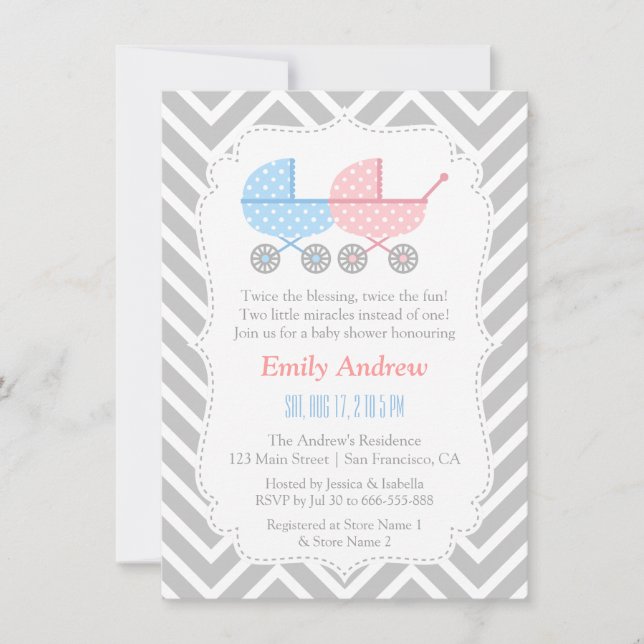 Grey Chevron Strollers Twins Baby Shower Invitation (Front)