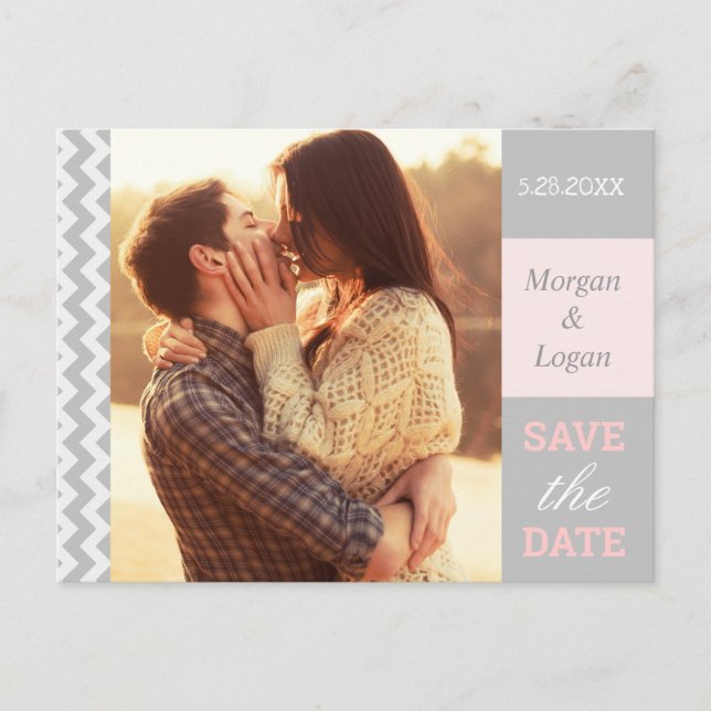 Grey Chevron Wedding Photo Save the Date Announcement Postcard (Front)