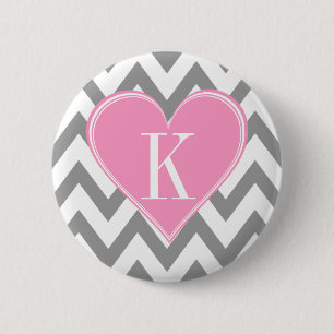 Grey Chevron with Pink Heart Monogram 6 Cm Round Badge