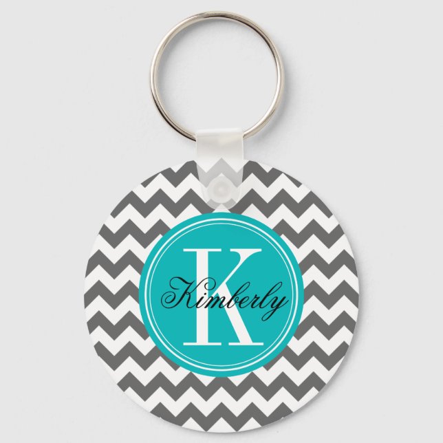 Grey Chevron with Teal Monogram Key Ring (Front)