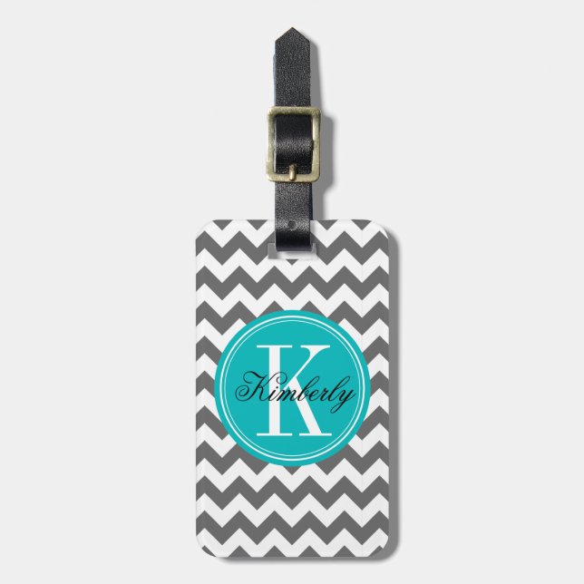 Grey Chevron with Teal Monogram Luggage Tag (Front Vertical)