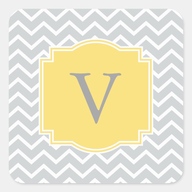 Grey Chevrons YELLOW Ornate Framed Monogram A20 Square Sticker (Front)