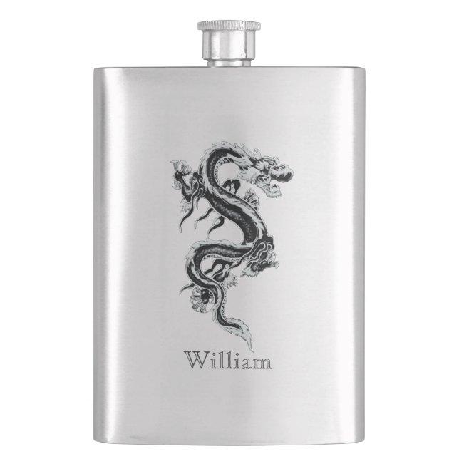 Grey Chinese Dragon Custom Flask (Front)