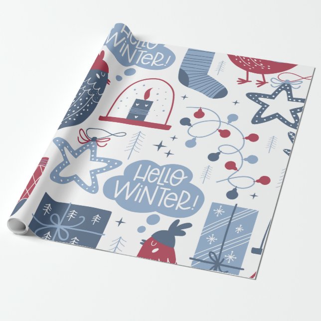 Grey Christmas Hello Winter Wrapping Paper (Unrolled)