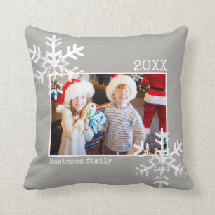 Grey Christmas Photo Distressed Snowflakes Cushion