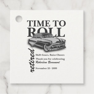 Grey Classic Car Time to Roll Retirement Party Favour Tags