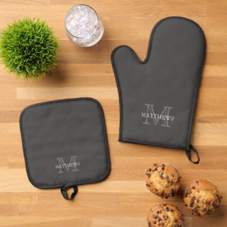 Grey Classic Custom Monogram & Name  Oven Mitt & Pot Holder Set