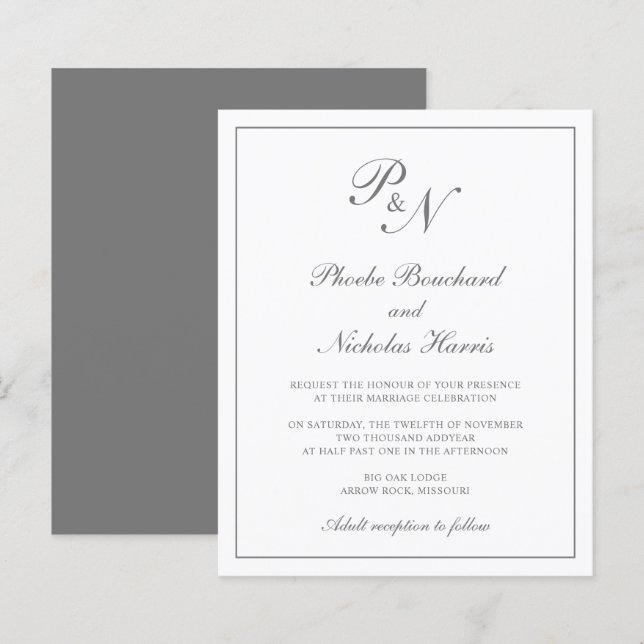 Grey Classic Elegant Budget Wedding Invite (Front/Back)