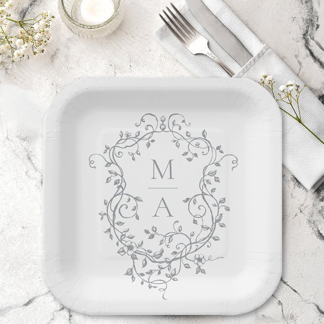 Grey Classic Floral Crest Monogram Wedding Paper Plate (Creator Uploaded)