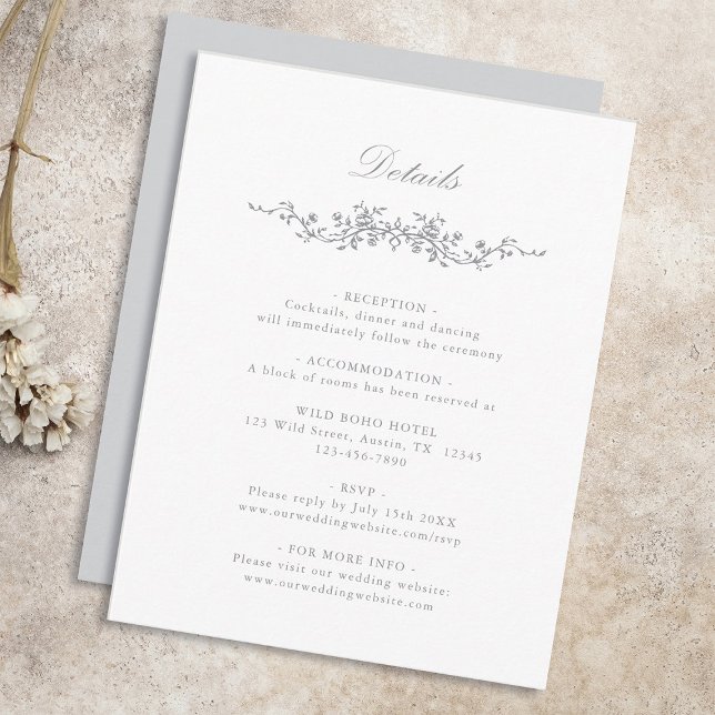 Grey Classic French Floral Wedding Details Enclosure Card (Creator Uploaded)