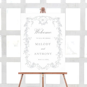 Grey Classic French Floral Wedding Welcome Sign