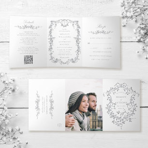 Grey Classic French Victorian Floral Wedding Tri-Fold Invitation