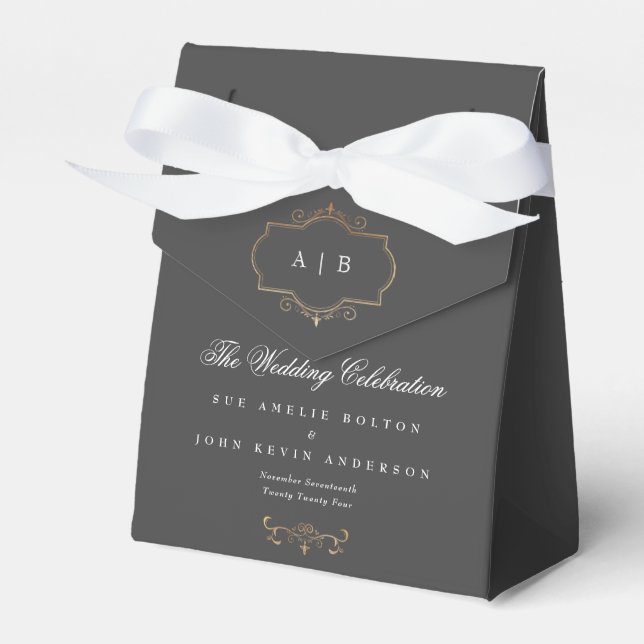 grey classic gold crest monogram wedding favour box (Front Side)