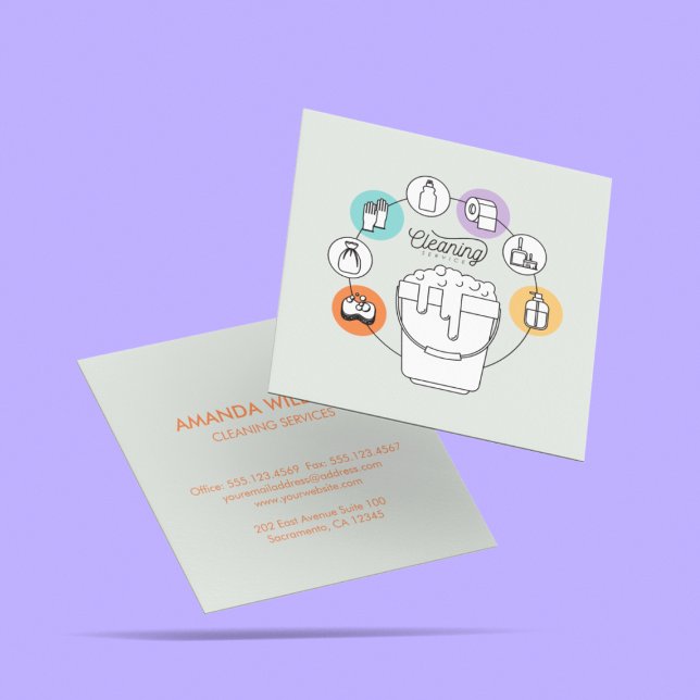 Grey cleaning & janitorial  Housekeeping Maid Square Business Card (Creator Uploaded)