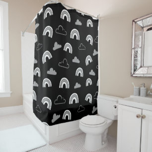 Grey Clouds and Rainbows on Black Shower Curtain