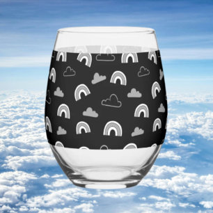Grey Clouds and Rainbows on Black  Stemless Wine Glass