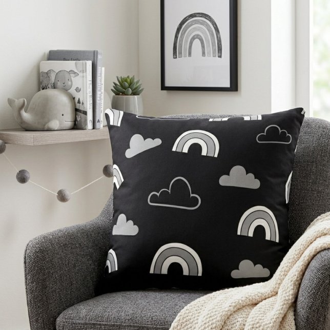 Grey Clouds and Rainbows on Black Throw Pillow (Creator Uploaded)
