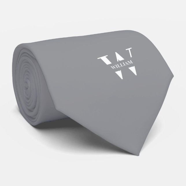 Grey Colour Elegant Monogram + Name  Tie (Rolled)