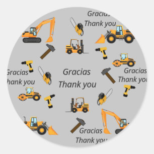 Grey Construction themed birthday party Bilingual Classic Round Sticker