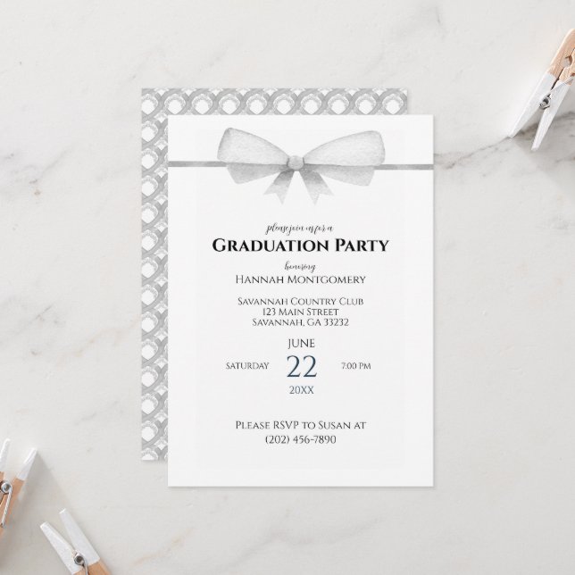 Grey Coquette Bow Graduation Invitation (Front/Back In Situ)