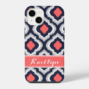 Grey Coral and Navy Ikat Moroccan Monogram iPhone Case
