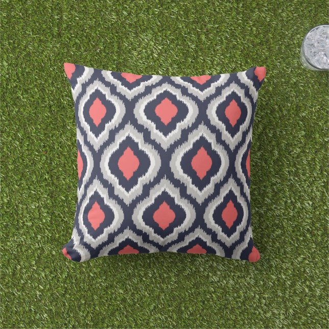 Grey Coral and Navy Ikat Moroccan Monogram Outdoor Cushion (Grass)