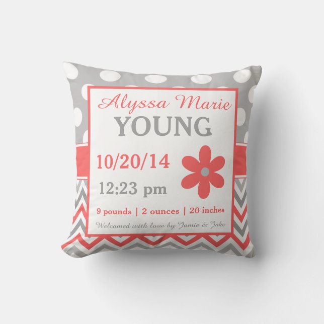 Grey Coral Chevron Dots Birth Announcement Pillow (Front)