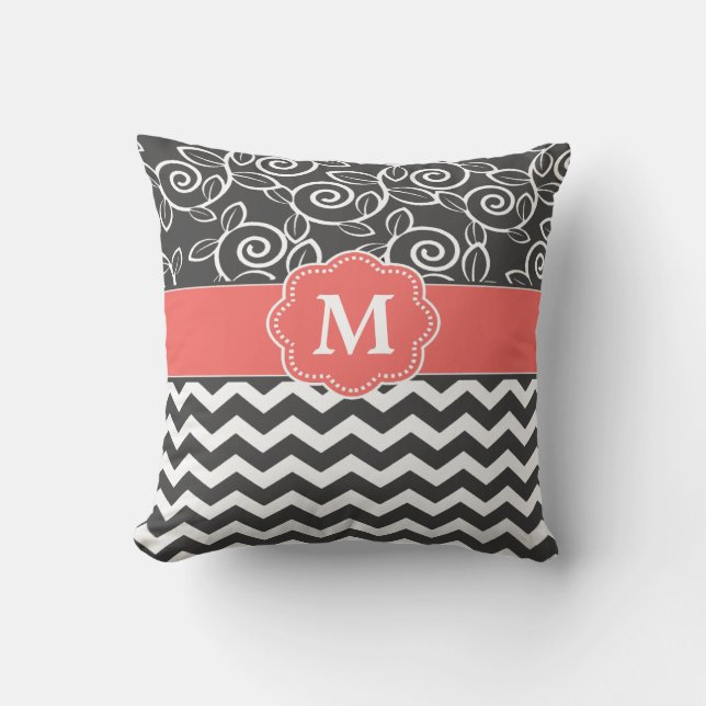 Grey Coral Chevron Monogram Cushion (Front)