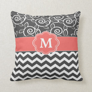 Grey Coral Chevron Monogram Cushion