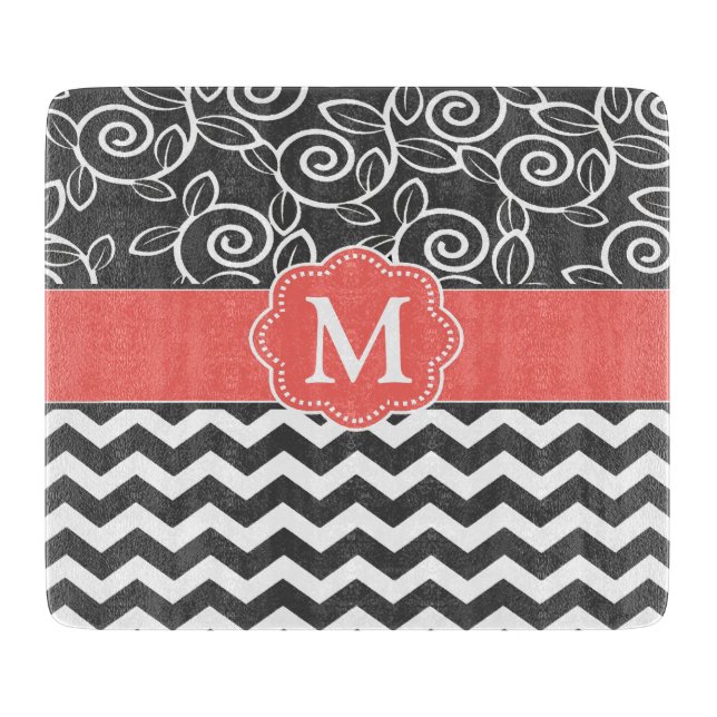 Grey Coral Chevron Monogram Cutting Board (Front)