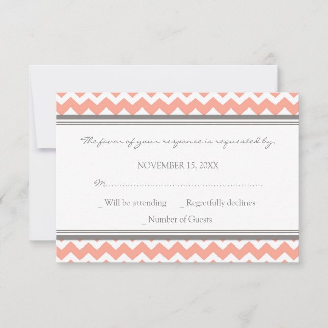 Grey Coral Chevron RSVP Wedding Card (Front)