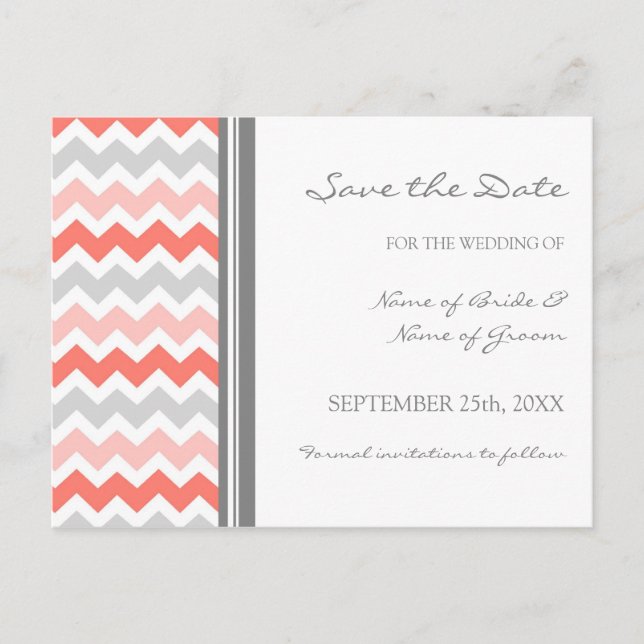 Grey Coral Chevron Save the Date Wedding Postcards (Front)