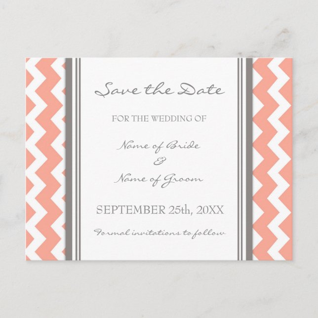 Grey Coral Chevron Save the Date Wedding Postcards (Front)