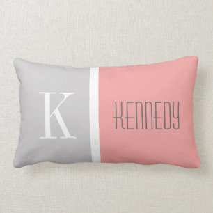 Grey Coral Colour Block Monogram Name Lumbar Cushion