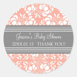 Grey Coral Damask Baby Shower Favour Stickers