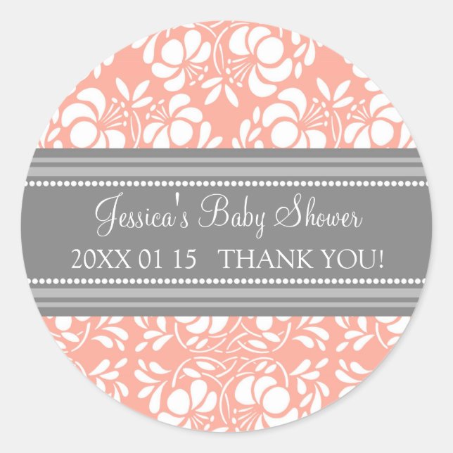 Grey Coral Damask Baby Shower Favour Stickers (Front)
