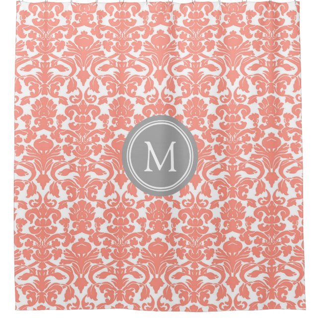 Grey Coral Damask Monogram Shower Curtain (Front)