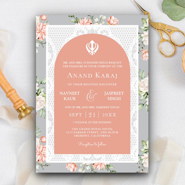 Grey Coral Floral Anand Karaj Punjabi Sikh Wedding Invitation (Creator Uploaded)