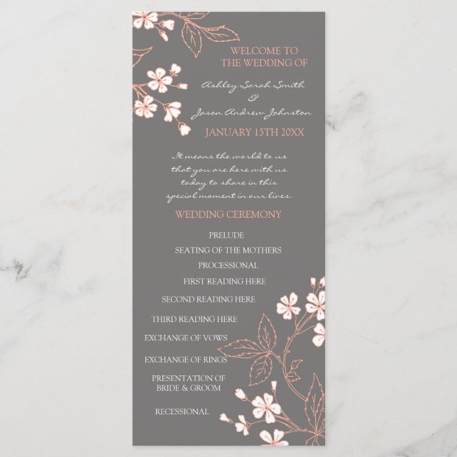 Grey Coral Floral Wedding Program (Front)