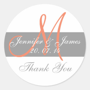 Grey Coral Monogram Wedding Thank You Stickers
