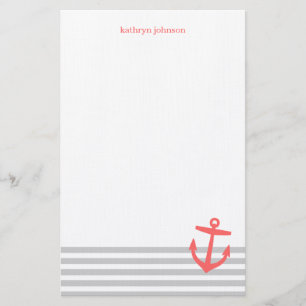 Grey & Coral Nautical Stripes & Cute Anchor Stationery