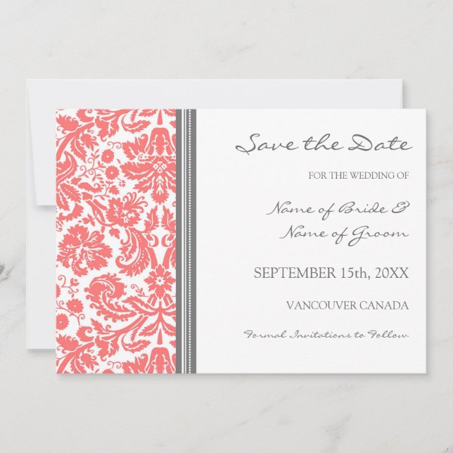 Grey Coral Wedding Save the Date Card (Front)