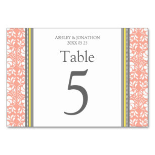 Grey Coral Yellow Wedding Table Number Cards