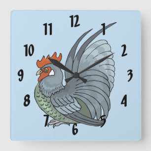 Grey Country Rooster Square Wall Clock