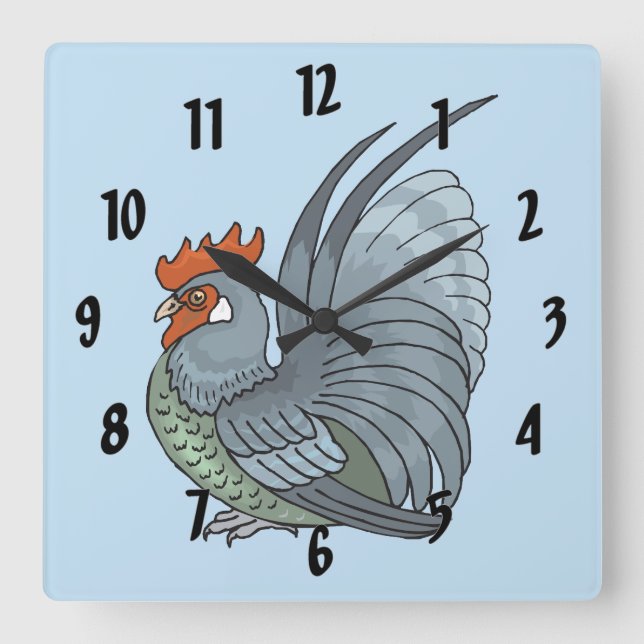 Grey Country Rooster Square Wall Clock (Front)
